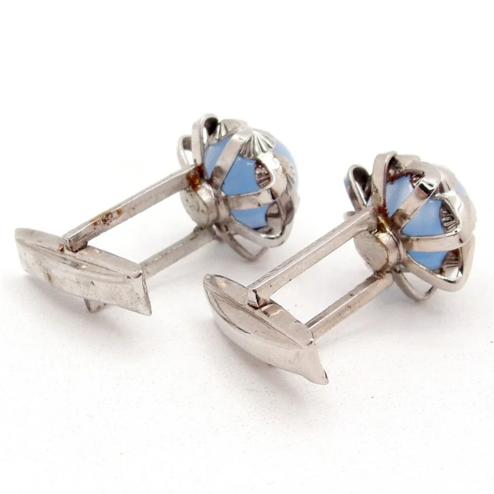 Vintage Silver Blue Moonglow Cabochon Glass Ginkgo Biloba Leaf Cufflinks MCM
